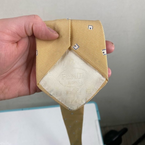Vintage Fendi Gold With White Blue Square Print 100% Silk Neck Tie - Picture 3 of 5